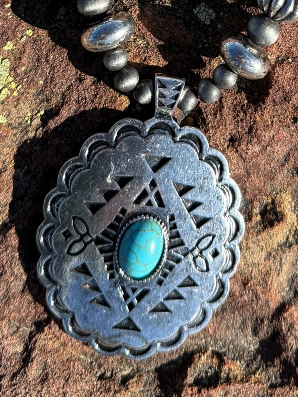 Southwestern Style Turquoise Pendant Necklace + Matching Earrings Set